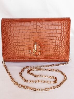 Jimmy Choo Orange Croc Embossed Leather Clutch | Gold JC Logo | Evening Bag